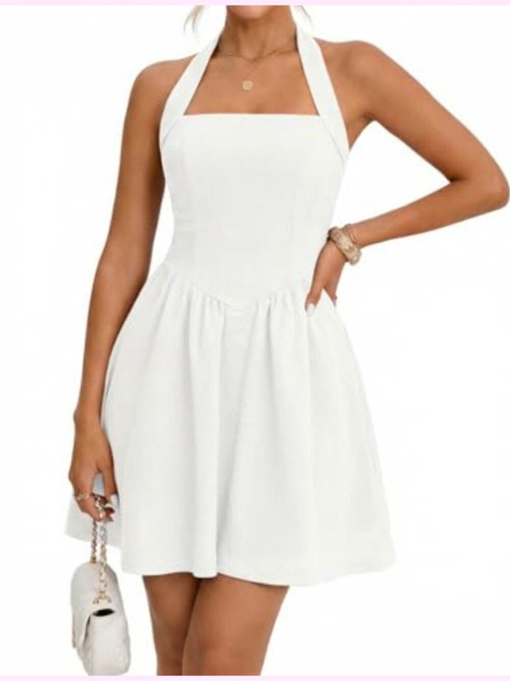 Women's Halter Mini Dress Ruched A-Line with Pockets Backless